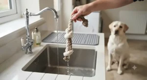 Easy-to-wash 3-knot rope tug toy shown after cleaning, keeping dog play hygienic.