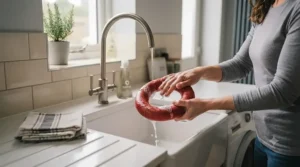 Easy-to-clean rubber tug toy being washed under a kitchen tap to demonstrate superior hygiene compared to fabric toys.