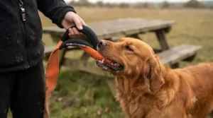 Working German Shepherd engaging with a professional bite tug toy during agility training.