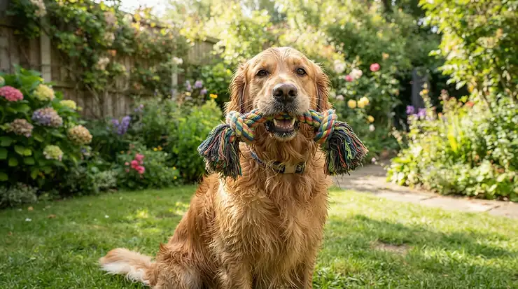 A Labrador enjoying bright accessories featured in a coloured rope tug toys for dogs review on lawn