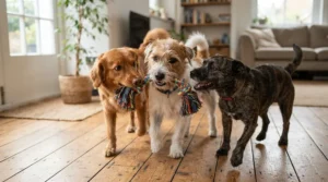 Multiple pets sharing fun items tested in a coloured rope tug toys for dogs review setup