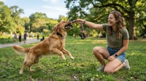 An owner and dog interacting outdoors for a coloured rope tug toys for dogs review feature