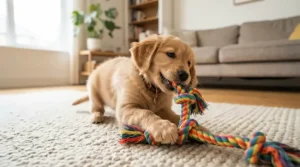 A playful puppy chewing on a vibrant item from a coloured rope tug toys for dogs review