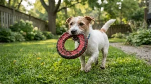A strong terrier biting hard into a heavy-duty rubber ring tug toy for dogs outdoors.