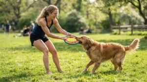An owner and a golden retriever playing with a rubber ring tug toy for dogs on the lawn.