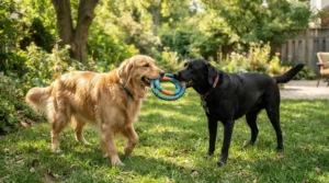 Two large breed dogs engaging in gentle tug-of-war with a multi-ring rubber tug toy for large dogs.
