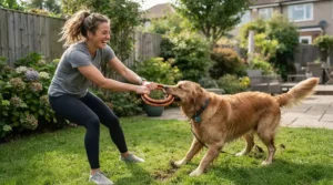An owner playing a vigorous game with their Labrador using a multi-ring rubber tug toy for large dogs in a back garden.