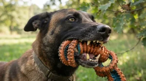 Close-up of a powerful Boxer breed gripping a heavy-duty multi-ring rubber tug toy for large dogs.