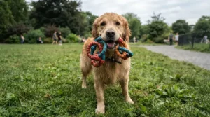 A German Shepherd holding a multi-ring rubber tug toy for large dogs during a game of fetch in a muddy local park.
