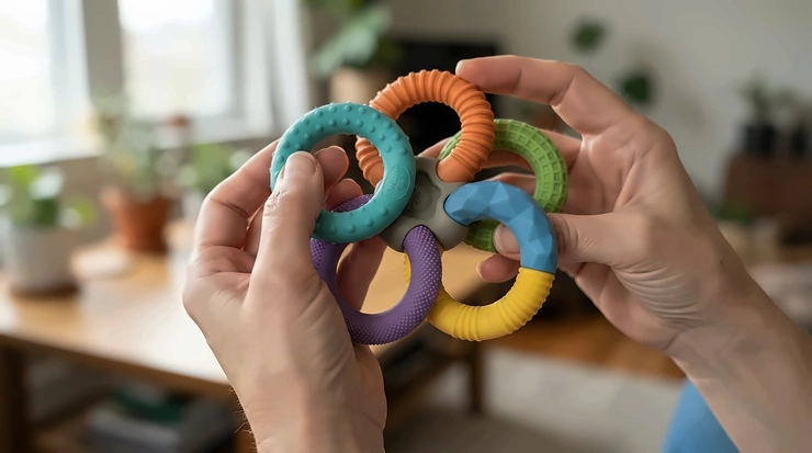 Demonstration of various grip points on a multi-ring rubber tug toy for large dogs held by an owner.
