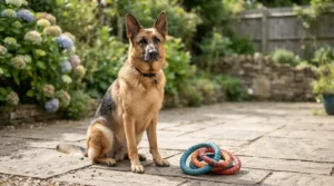 An energetic Doberman eagerly waiting to play with its multi-ring rubber tug toy for large dogs on a cobblestone patio.