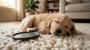 A natural rubber ring tug toy for dogs resting beside a sleeping puppy on a cosy rug.