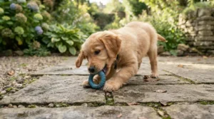 A small puppy chewing gently on a small-sized rubber ring tug toy for dogs on a patio.
