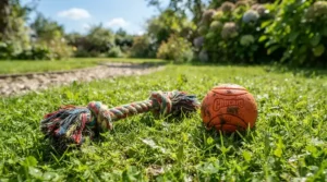 Testing chew strength by placing a rubber ring tug vs rope tug for dogs side by side on a green lawn.