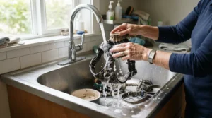 Demonstrating easy cleaning tips for a rubber ring tug vs rope tug for dogs in a clean Belfast kitchen sink.