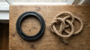 A close-up comparison of rubber vs cotton dog toys showing a rubber ring tug vs rope tug for dogs on a wooden kitchen floor.