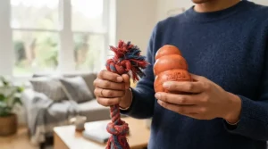 Examining a rubber ring tug vs rope tug for dogs to check material durability during a living room playtime session in a London flat.