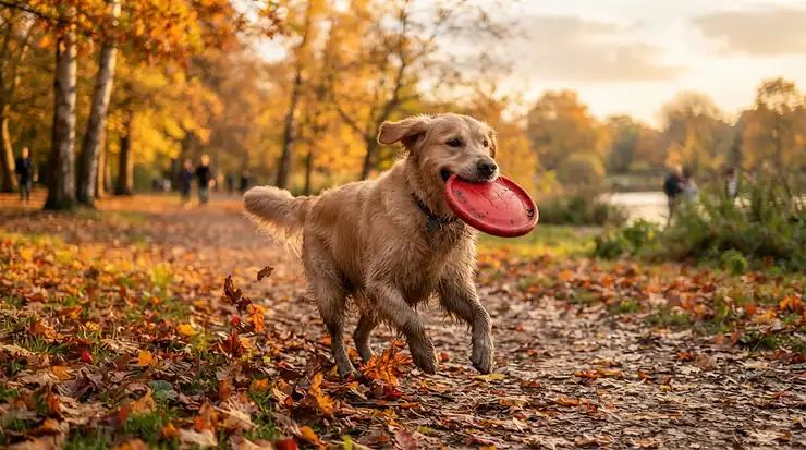 A golden retriever enjoying an outdoor game with a rubber ring tug vs rope tug for dogs at a public park in Manchester.