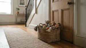 Organising pet accessories including a rubber ring tug vs rope tug for dogs inside a woven basket in a hallway.