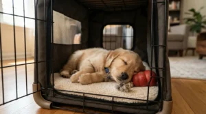 A sleepy puppy resting inside a comfortable crate with a textured rubber tug toy for teething puppies