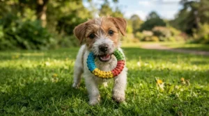 A small terrier puppy enjoying a textured rubber tug toy for teething puppies in a back garden