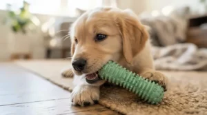 A young puppy chewing carefully on a textured rubber tug toy for teething puppies to soothe sore gums