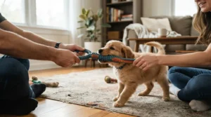 An owner and a young puppy playing together with a textured rubber tug toy for teething puppies