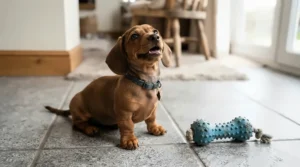 A dachshund puppy sitting happily beside a textured rubber tug toy for teething puppies on tiled flooring