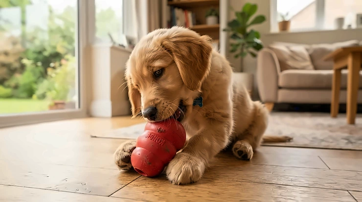 A golden retriever puppy playing indoors with a textured rubber tug toy for teething puppies on a wooden floor