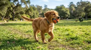 A lively puppy carrying a textured rubber tug toy for teething puppies across a public park lawn