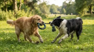 Two dogs sharing top rubber tug toys under £15 for an interactive game on the lawn