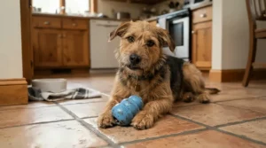 A dog happily chewing on top rubber tug toys under £15 on a traditional tiled kitchen floor