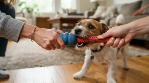 An owner playing with their terrier using top rubber tug toys under £15 on a cosy rug