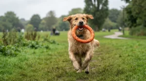 A happy dog enjoying top rubber tug toys under £15 during a game of fetch in a muddy British park