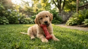 A playful puppy chewing on one of the top rubber tug toys under £15 in a back garden