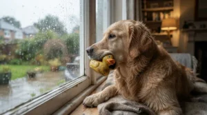 A bored dog being entertained indoors with top rubber tug toys under £15 on a rainy afternoon