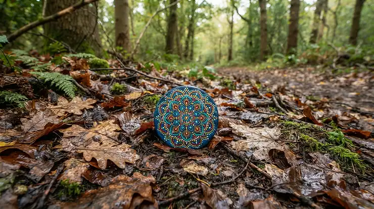 A bright orange rubber ring tug toy for dogs sitting in autumn leaves during a woodland walk.